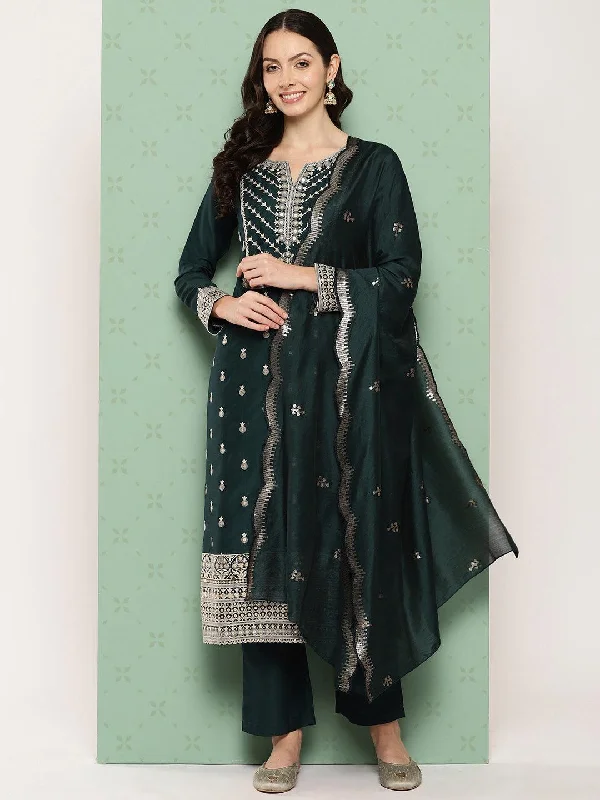 Green Printed Silk Straight Suit With Dupatta