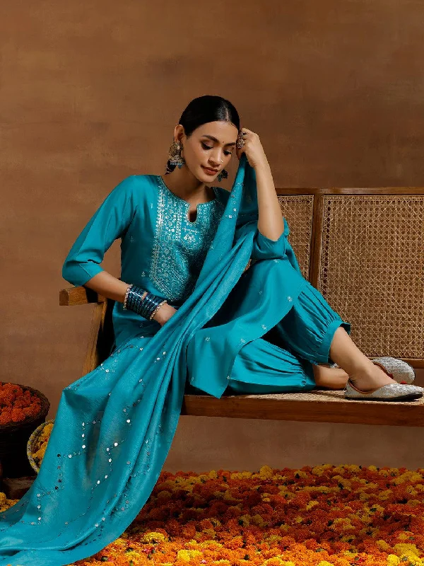 Teal Blue Embroidered Silk Blend Straight Suit With Dupatta