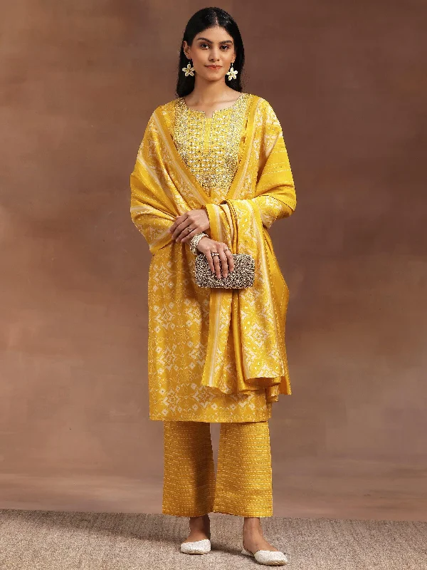 Yellow Printed Silk Blend Straight Suit With Dupatta