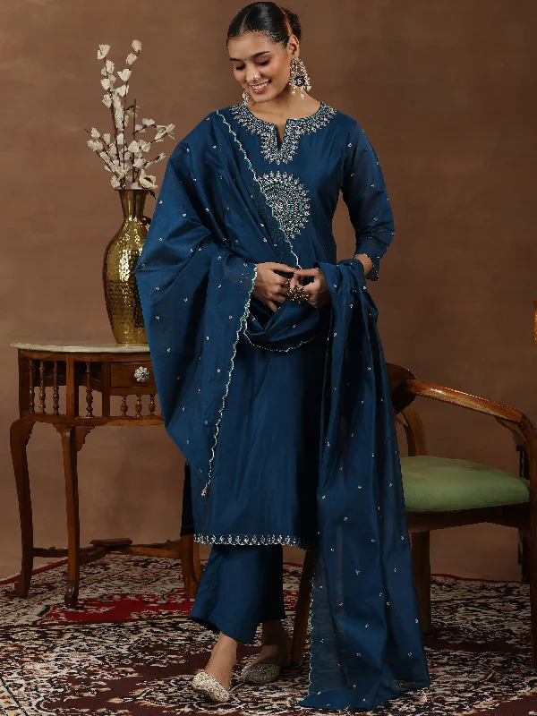 Teal Embroidered Chanderi Silk Straight Suit With Dupatta