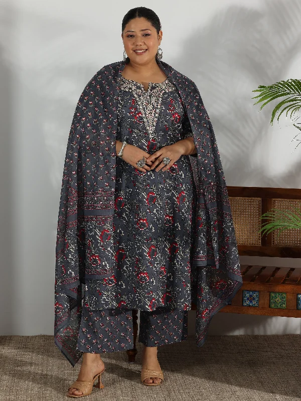 Plus Size Grey Printed Cotton Straight Suit With Dupatta