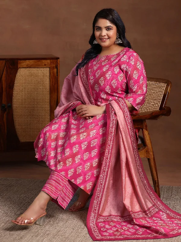 Plus Size Pink Printed Silk Blend Straight Suit With Dupatta