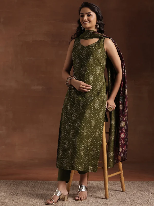 Green Printed Silk Blend Straight Suit With Dupatta