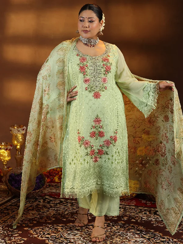 Plus Size Green Embroidered Organza Straight Suit With Dupatta