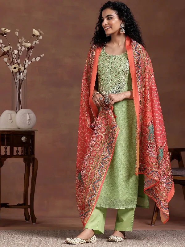 Green Printed Silk Blend Straight Suit With Dupatta