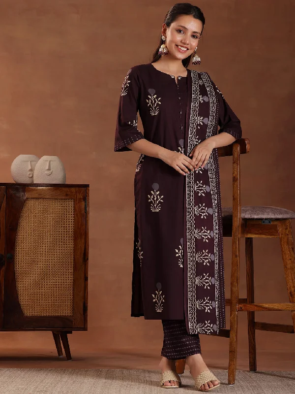 Brown Printed Cotton Straight Suit With Dupatta