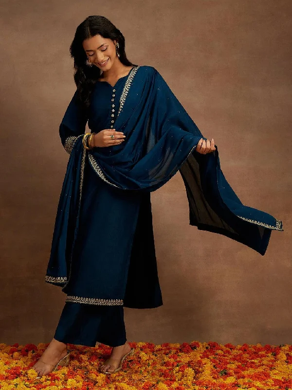 Teal Solid Silk Blend Straight Suit With Dupatta