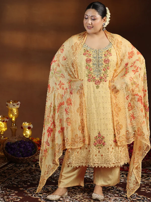 Plus Size Yellow Embroidered Organza Straight Suit With Dupatta