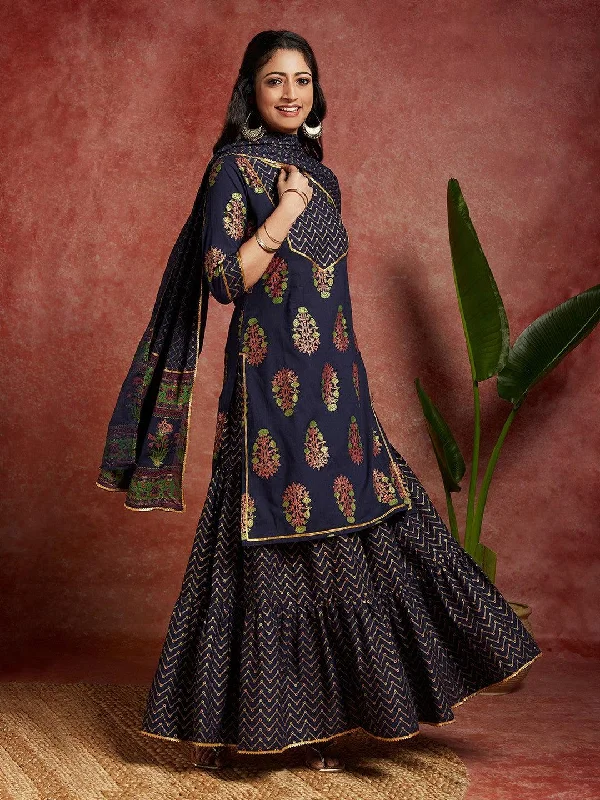 Blue Printed Cotton Straight Suit With Dupatta