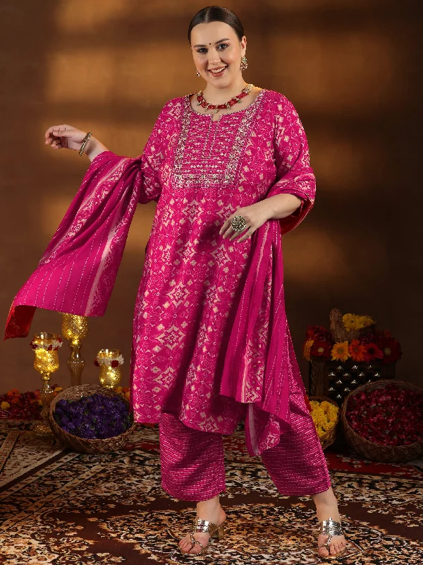 Plus Size Pink Printed Silk Blend Straight Suit With Dupatta