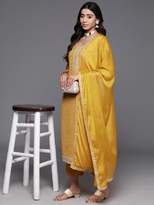 Mustard Yoke Design Silk Blend Straight Suit With Dupatta