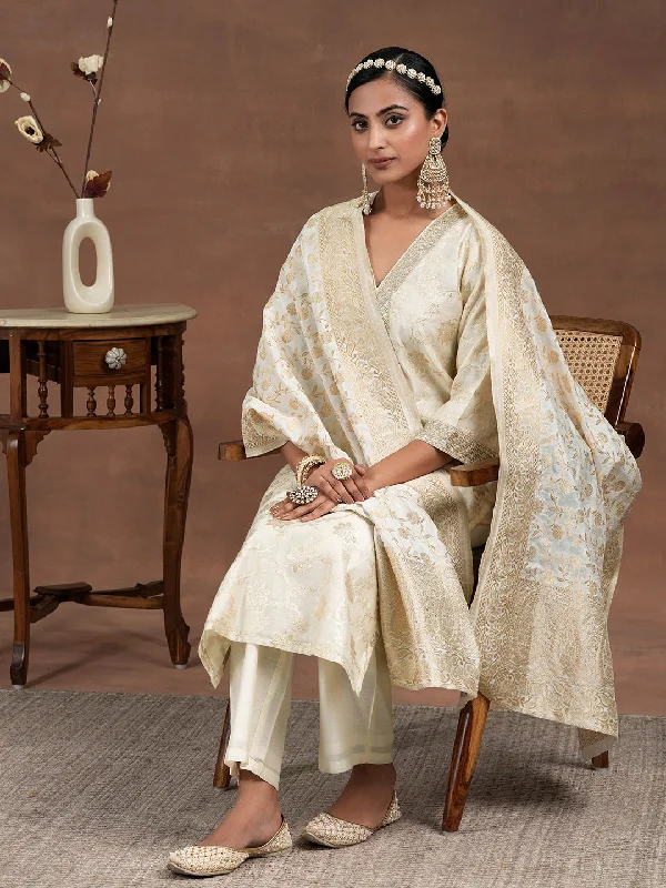 Off White Woven Design Chanderi Silk Straight Suit With Dupatta