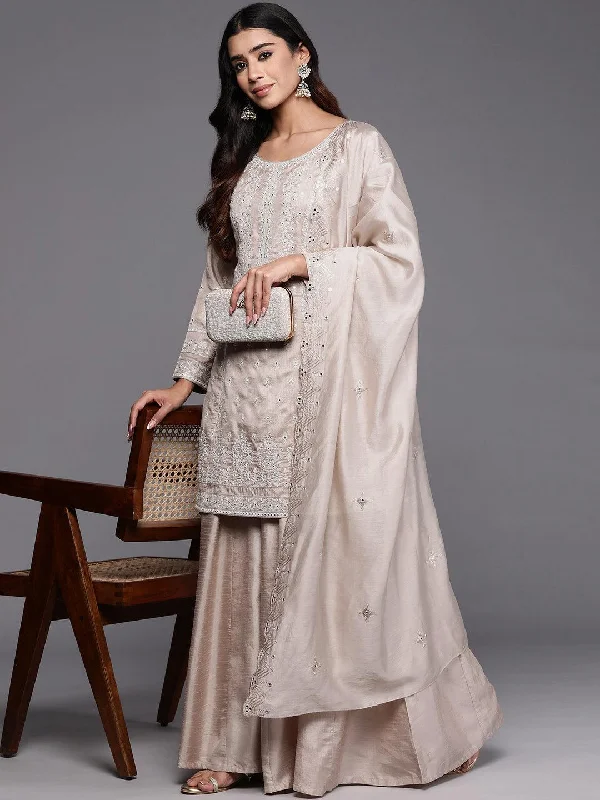 Libas Art Taupe Embroidered Silk Blend Pakistani Suit