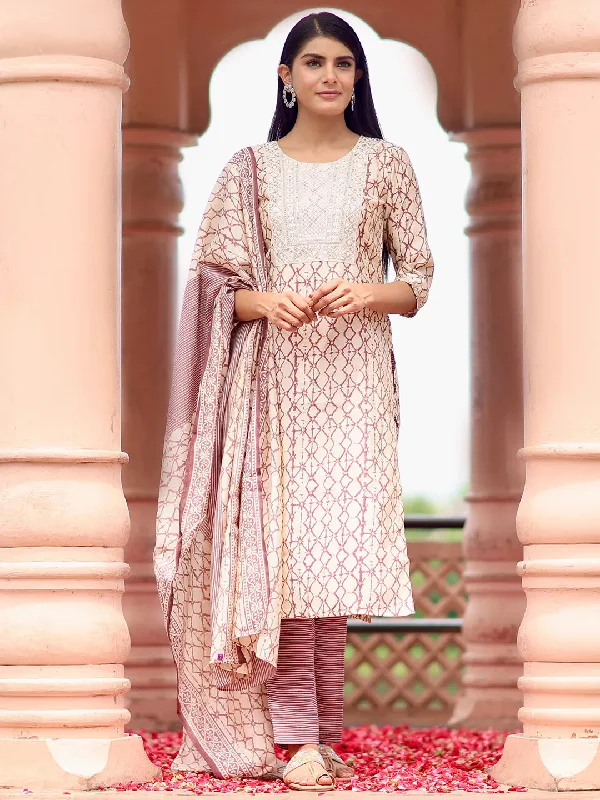 Off White Printed Silk Blend Straight Suit With Dupatta