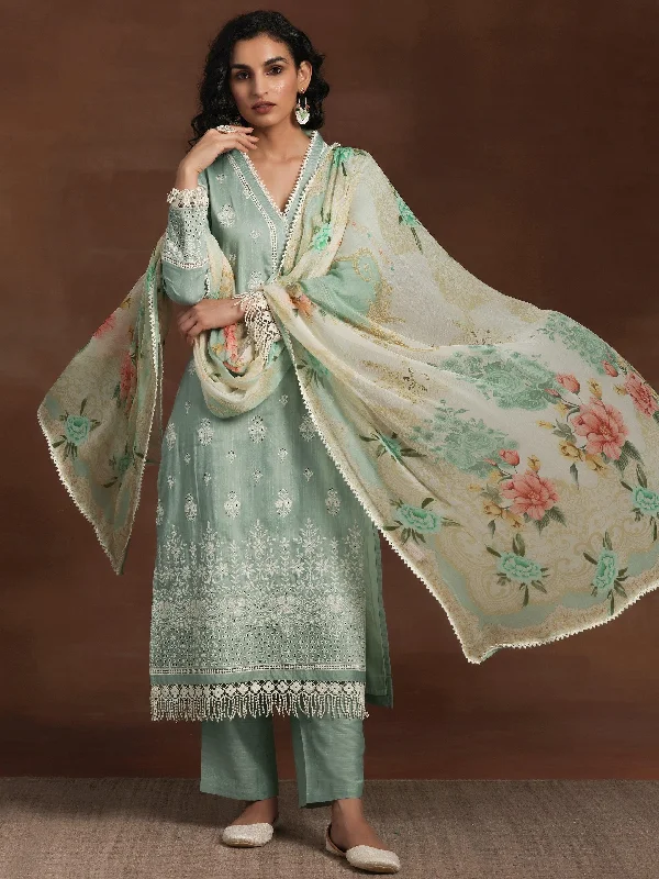 Green Embroidered Silk Blend Straight Suit With Dupatta