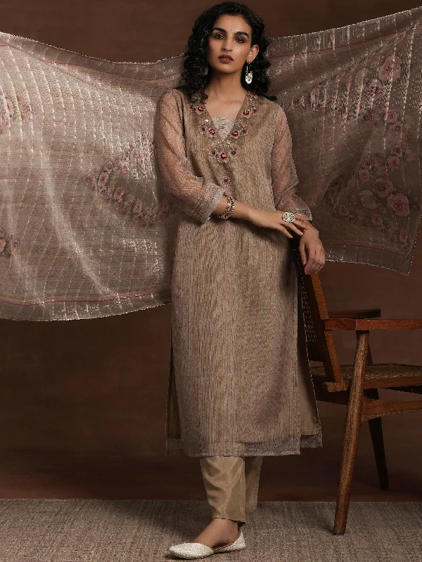 Tan Printed Organza Straight Suit With Dupatta