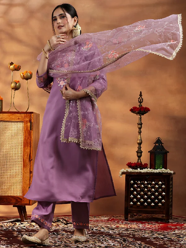 Lavender Yoke Design Silk Blend Straight Suit With Dupatta