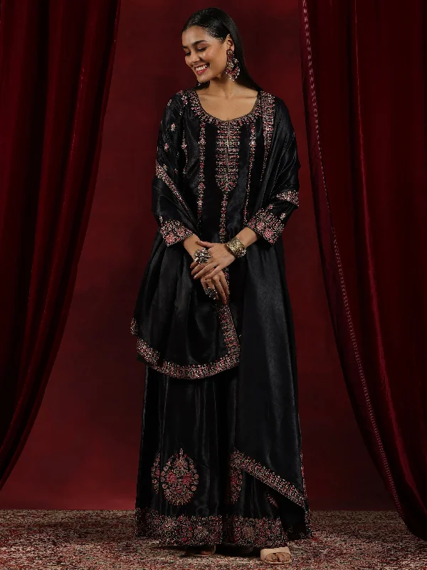 Libas Art Black Embroidered Silk Straight Suit With Dupatta