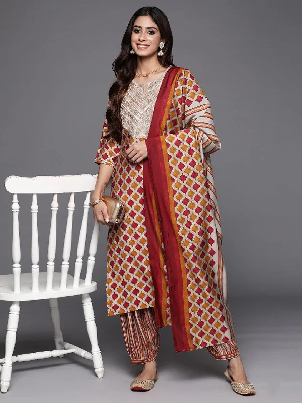 Multicoloured Printed Silk Blend Straight Suit With Dupatta