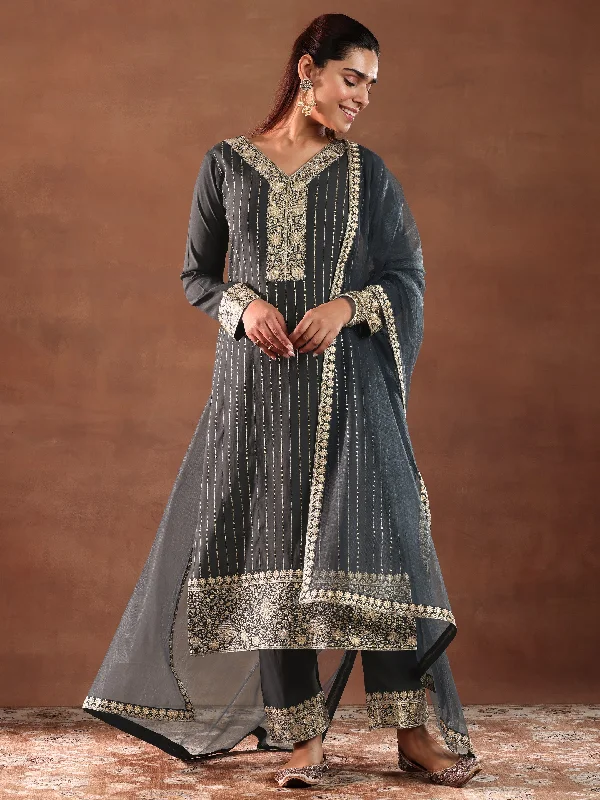 Grey Embroidered Silk Blend Straight Suit With Dupatta