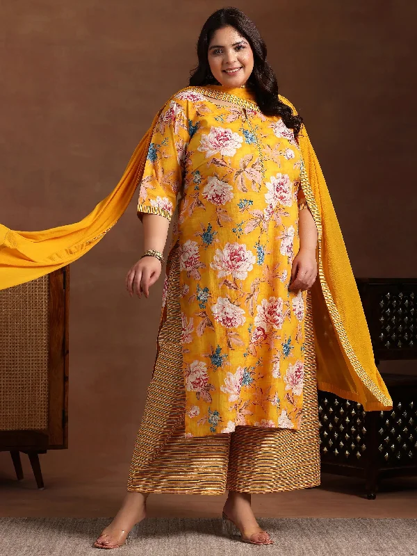 Plus Size Mustard Printed Cotton Straight Suit With Dupatta