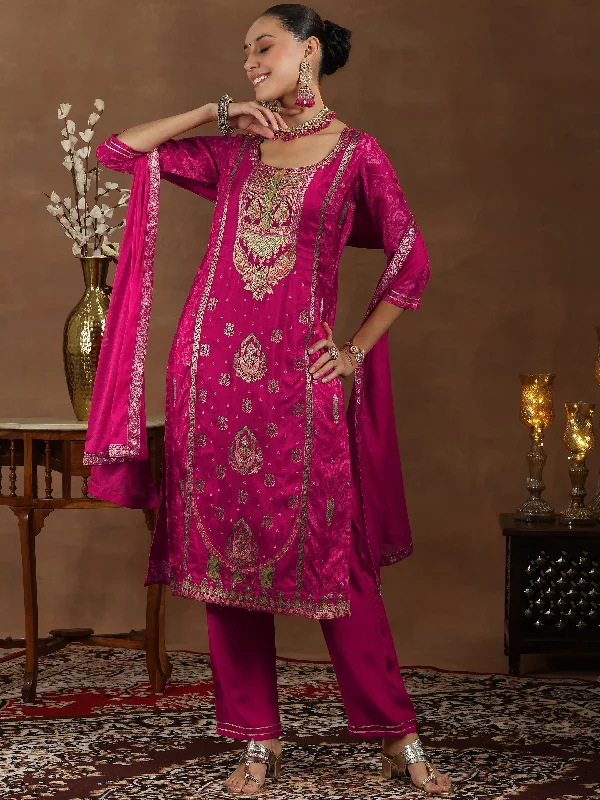 Pink Woven Design Silk Blend Straight Suit With Dupatta