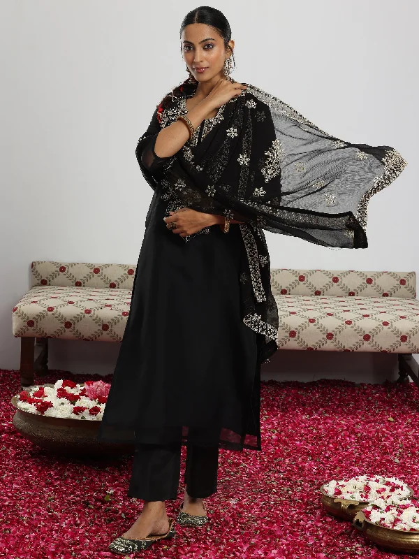 Black Yoke Design Organza Straight Suit With Dupatta