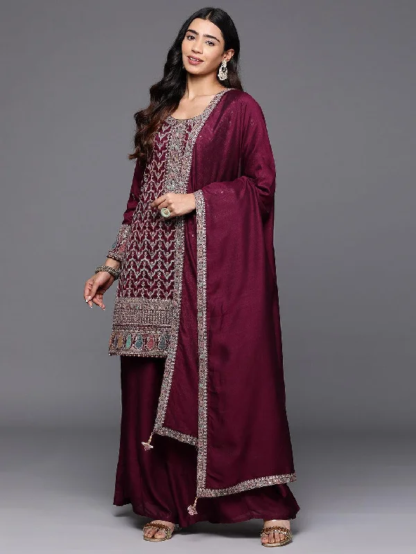 Libas Art Maroon Embroidered Silk Blend Pakistani Suit