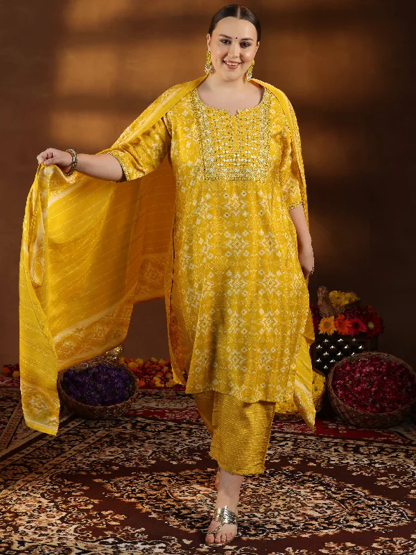 Plus Size Mustard Printed Silk Blend Straight Suit With Dupatta