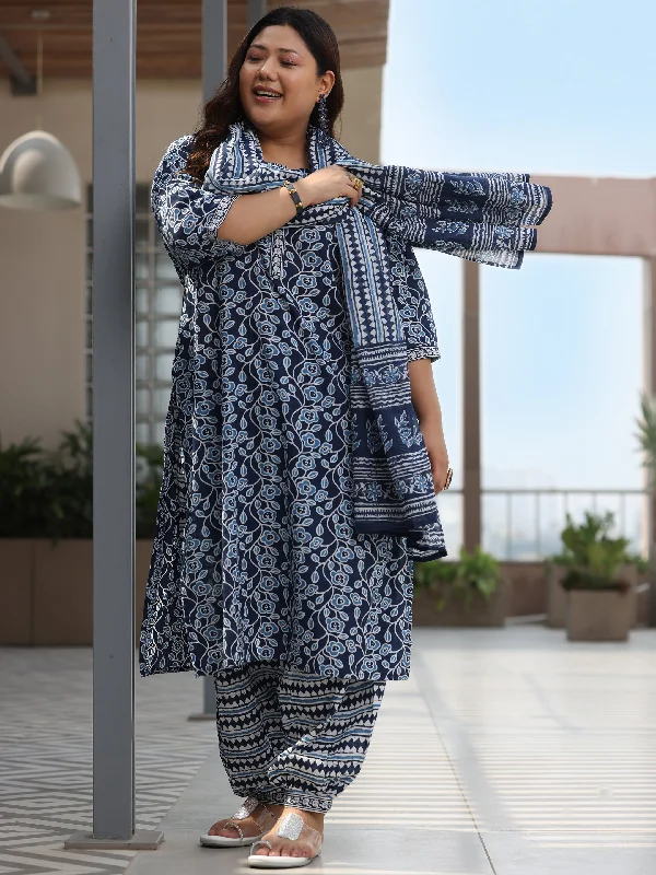 Plus Size Blue Printed Cotton Straight Suit With Dupatta