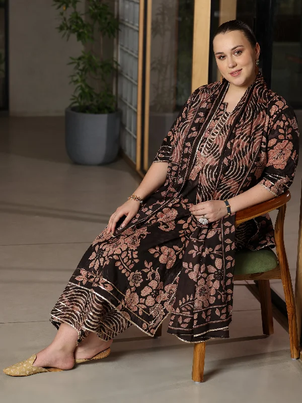 Plus Size Black Printed Cotton Straight Suit With Dupatta