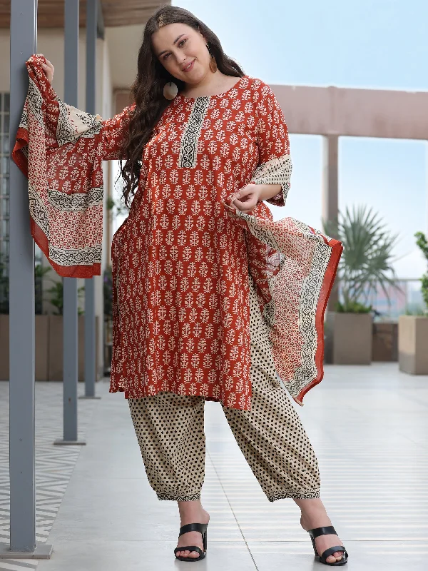 Plus Size Rust Printed Cotton Straight Suit With Dupatta