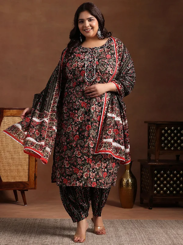 Plus Size Black Printed Cotton Straight Suit With Dupatta