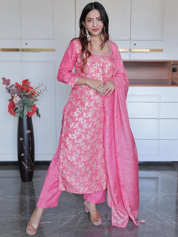 Pink Woven Design Silk Blend Straight Suit With Dupatta