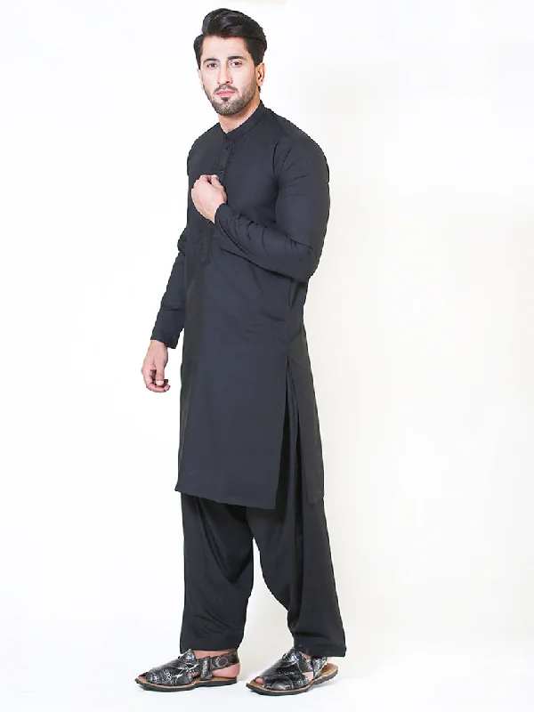 Men's Essential Dress Shirts for Everyday Wear442E Shalwar Kameez Stitched Suit Fabric Sherwani Collar Black