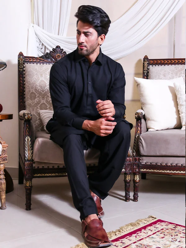 Classic Men's Dress Shirts045 Shalwar Kameez Stitched Suit Fabron Fabric Shirt Collar Black