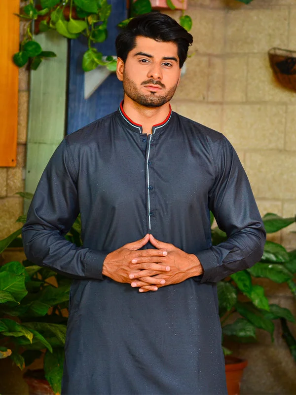 Men's Patterned Casual Shirts for Relaxed Styling161E Men's Fall Kameez Shalwar Stitched Suit Grey