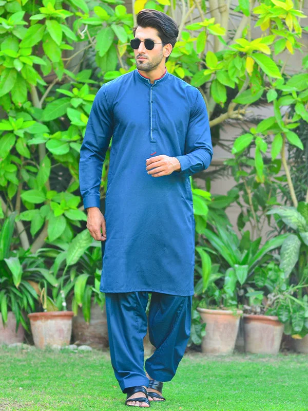 Men's Solid-Color Button-Down Shirts for Versatility161E Men's Fall Kameez Shalwar Stitched Suit Prussian Blue