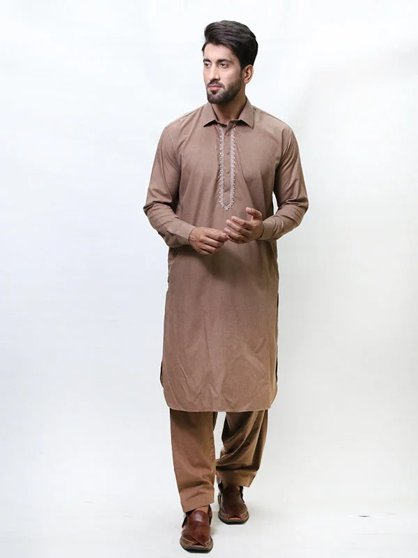 Men's Pattern-Clashing Shirts for Bold Fashion280 Men's Fall Kameez Shalwar Stitched Suit Brown