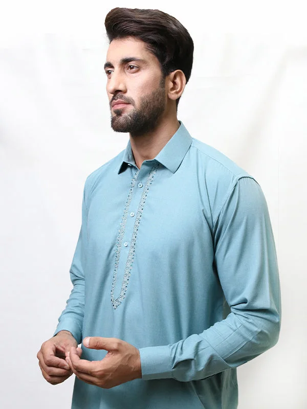 Men's Pattern Mixing Shirts for Creative Style280 Men's Fall Kameez Shalwar Stitched Suit Ferozi