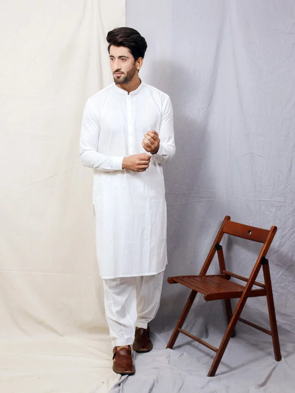 Men's Designer Shirts for a Statement PieceMSK11 286P AN Men's Kameez Shalwar Plain Stitched Suit Cotton Sherwani Collar White