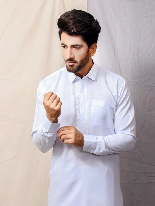 Lightweight Men's Poplin Shirts461/2E Men's Kameez Shalwar Stitched Suit Shirt Collar Neel White