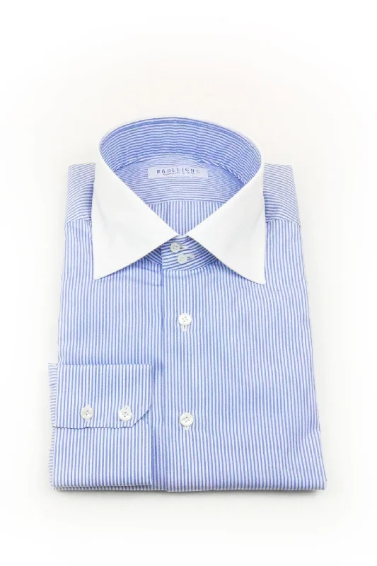 Men's Weekend Shirts for Leisurely OutingsJames Double Button Collar in Blue Stripe with Contrast Collar