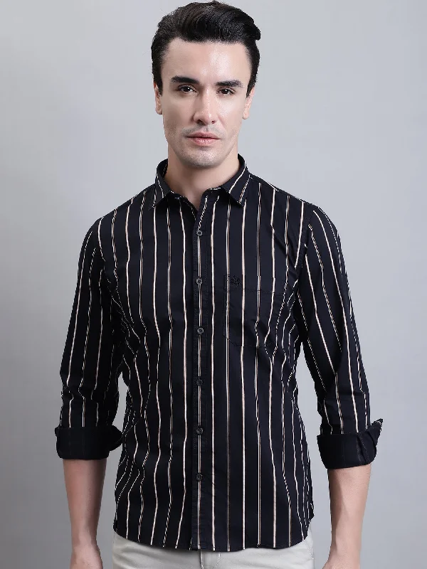 Men's Tennis Shirts for Court ComfortMen's Black Casual Broad Stripe Full Sleeve Shirt