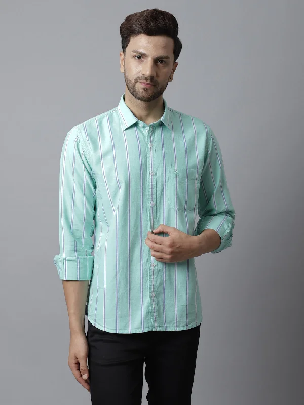 Men's Geometric Print Shirts for a Modern TwistMen's Light Green Casual Broad Stripe Full Sleeve Shirt