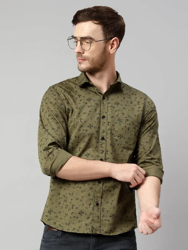 Men's Pocket T-Shirts for Added FunctionalityMen's Olive Green Casual Floral Print Full Sleeve Shirt