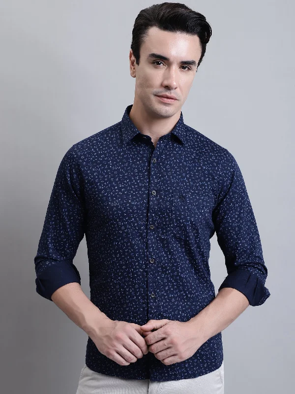 Men's Long-Sleeve Shirts for Year-Round WearMen's Navy Blue Casual Floral Ditsy Print Full Sleeve Shirt