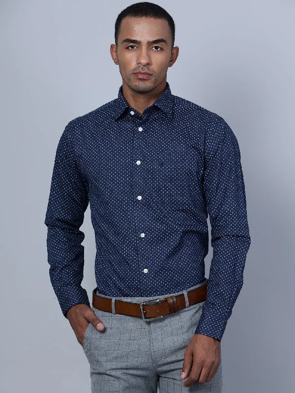 Men's Graphic Print T-Shirts for a Statement LookMen's Navy Blue Formal Geometric Ditsy print Full Sleeve Shirt