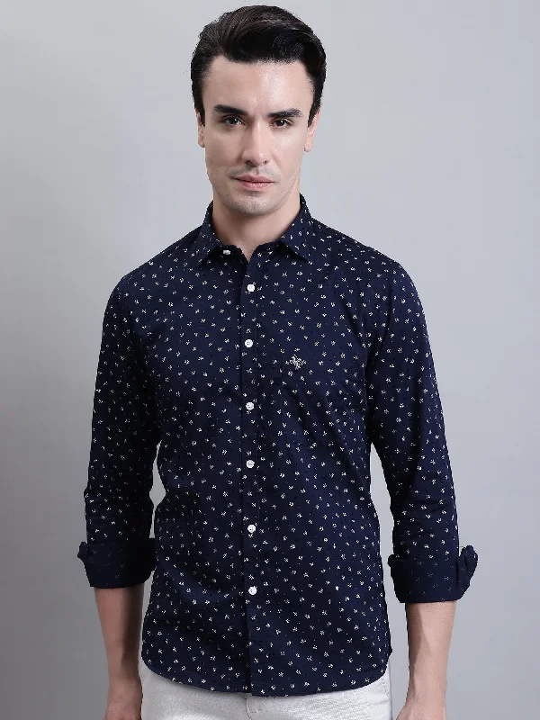 Men's Dressy Button-Down Shirts for Formal OccasionsMen's Navy Blue Casual Floral Print Full Sleeve Shirt