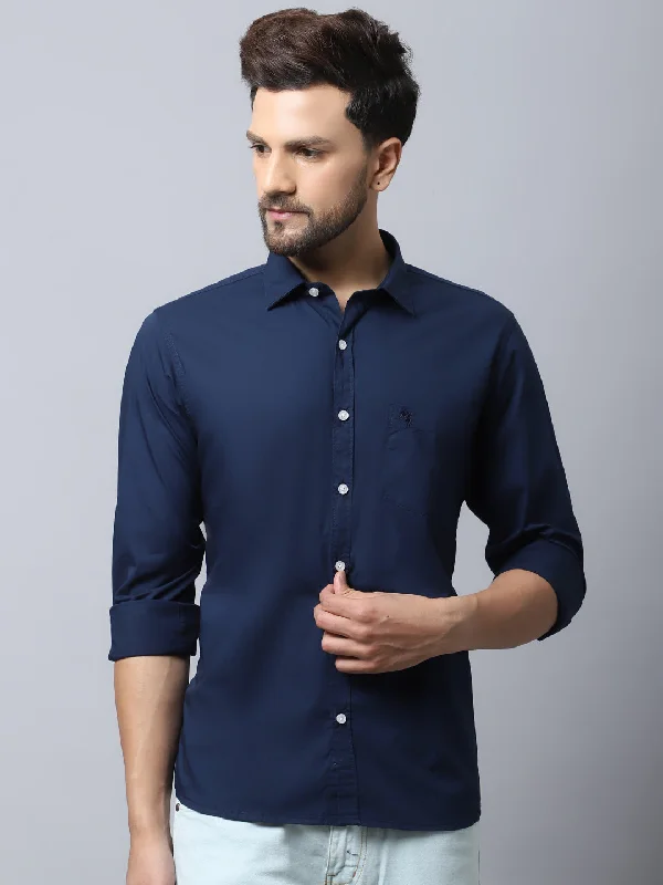 Men's Cowboy Shirts for Western StyleMen's Navy Blue Casual Plain Stretch Full Sleeve Shirt